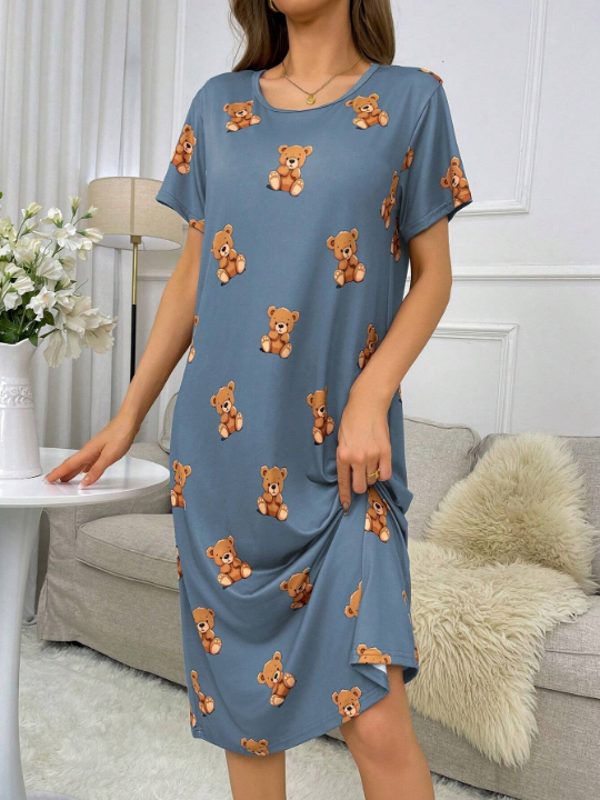 Bear Pattern Print Short Sleeve T-Shirt Dress