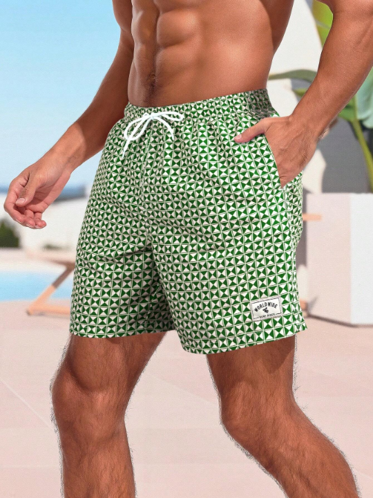 Manfinity Swimmode Men Allover Print Letter Patched Detail Drawstring Waist Swim Trunks