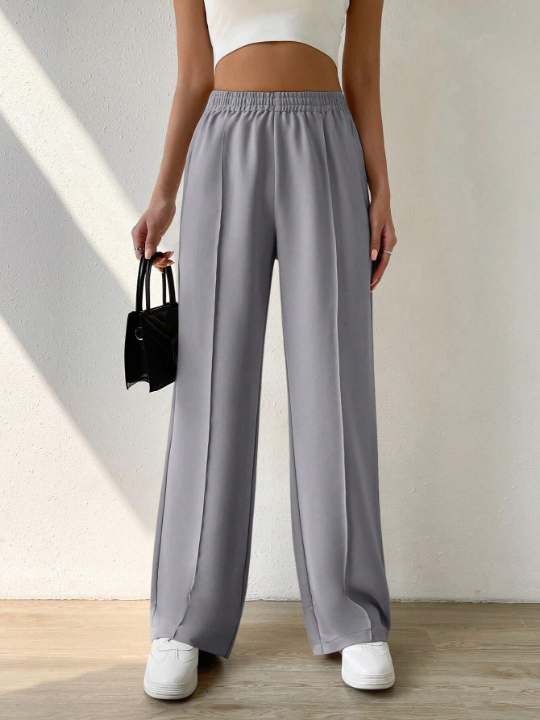 EZwear Solid Color Elastic Waist Pants