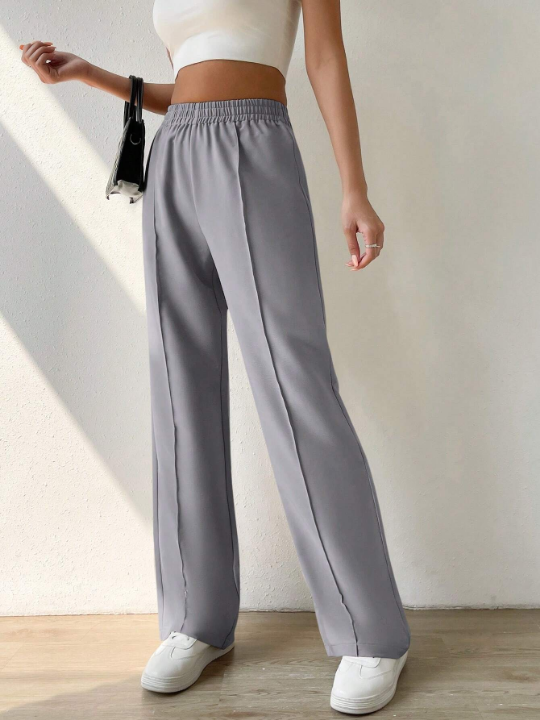 EZwear Solid Color Elastic Waist Pants