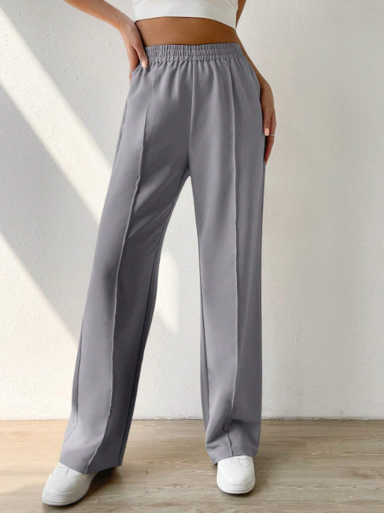 EZwear Solid Color Elastic Waist Pants