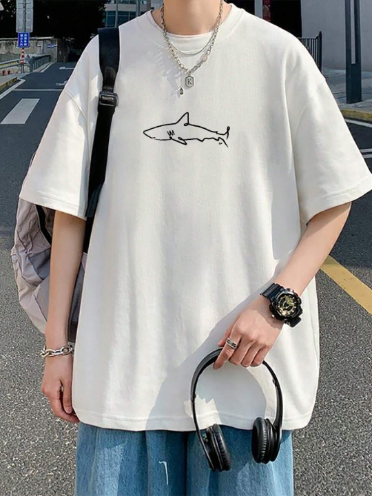 Men's Loose Fit Drop Shoulder Shark Printed T-Shirt