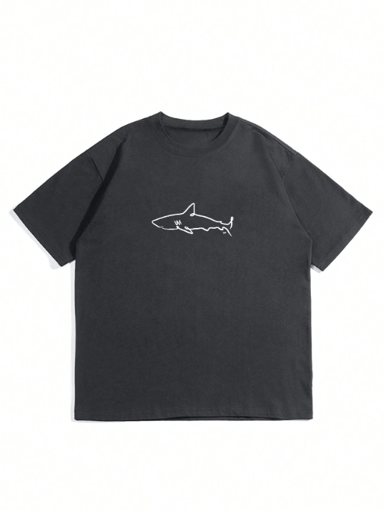 Men's Loose Fit Drop Shoulder Shark Printed Short Sleeve T-Shirt