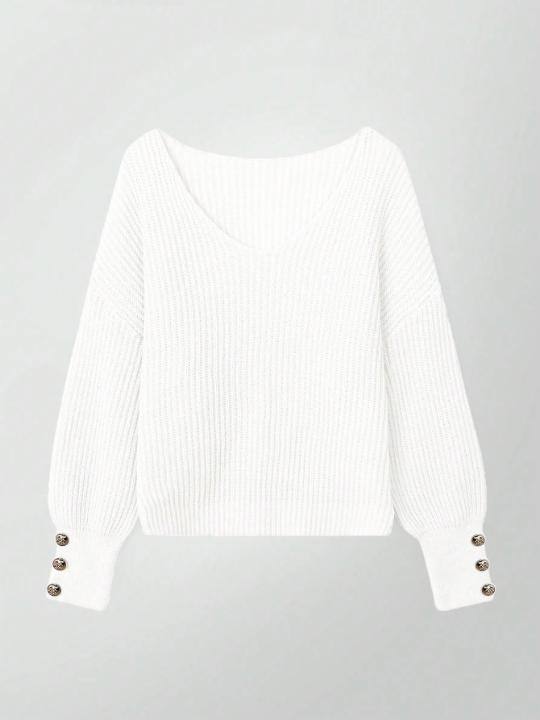 Women's V-Neck Drop Shoulder Long Sleeve Knitted Sweater