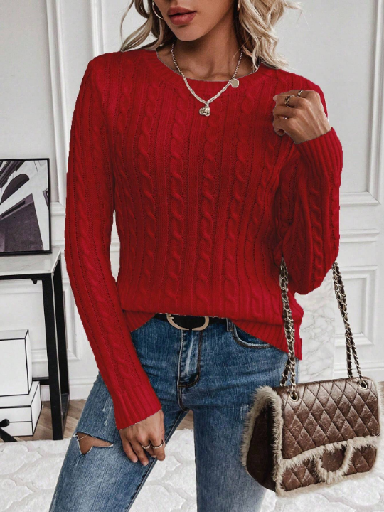 Essnce Cable Knit Round Neck Sweater