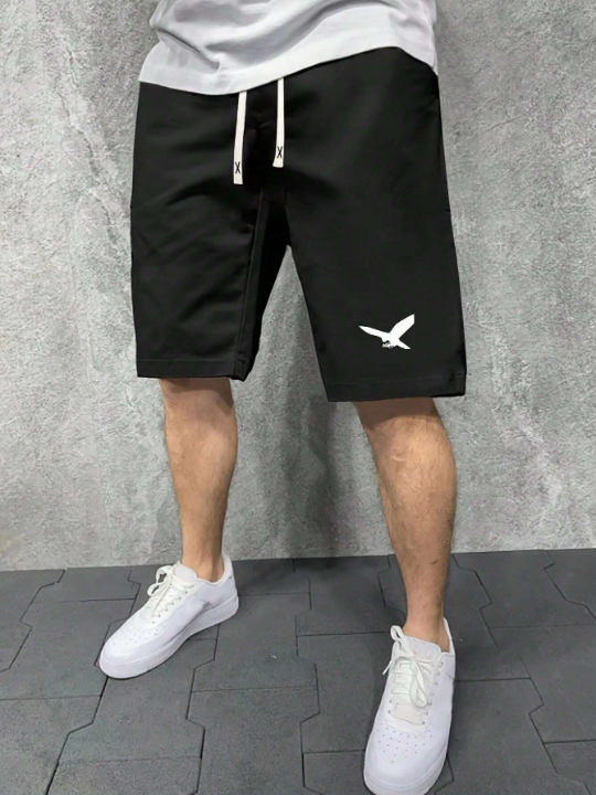 Men's Summer Fashion Regular Fit Bird Pattern Printed Casual Drawstring Waist Shorts