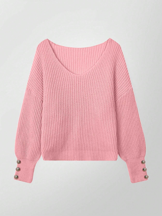 Women's V-Neck Drop Shoulder Long Sleeve Sweater