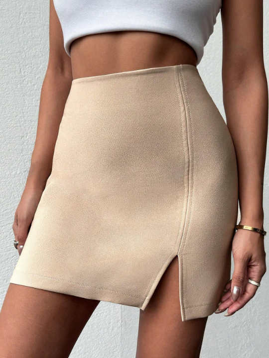 Women's Solid Color High Slit Hem Skirt