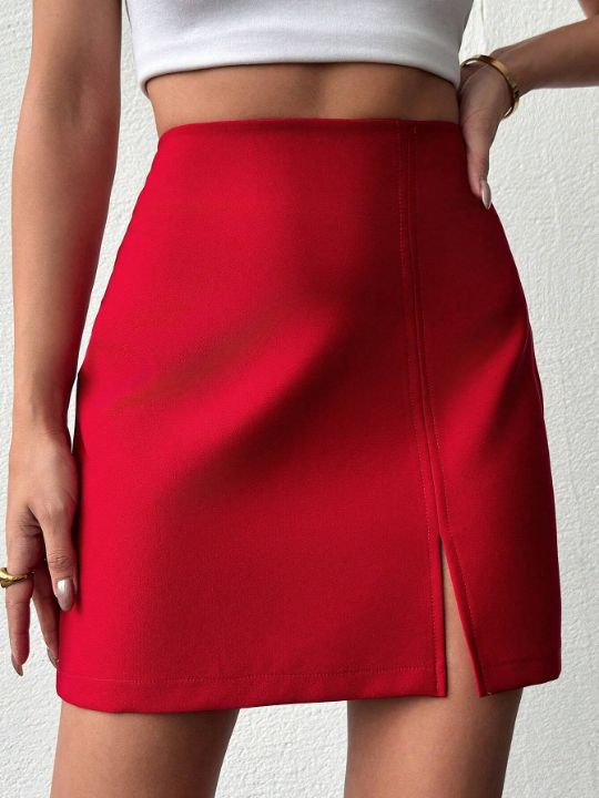 Women's Solid Color Side Slit Midi Skirt