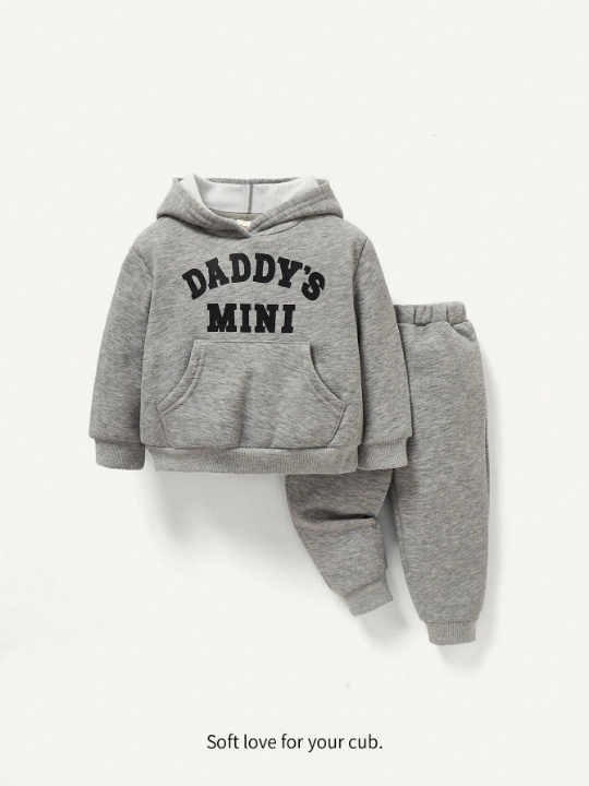 Cozy Cub Baby Boy Letter Graphic Kangaroo Pocket Hoodie & Sweatpants