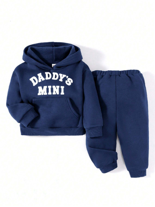 Cozy Cub Baby Boy Letter Graphic Kangaroo Pocket Hoodie & Sweatpants