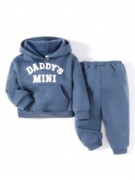 Cozy Cub Baby Boy Letter Graphic Kangaroo Pocket Hoodie & Sweatpants