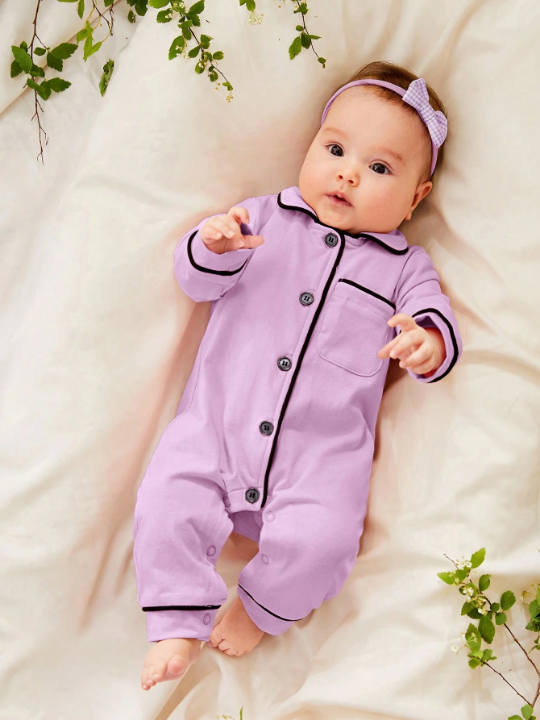 Cozy Cub Newborn Baby Girl Contrast Binding Button Front Lounge Jumpsuit