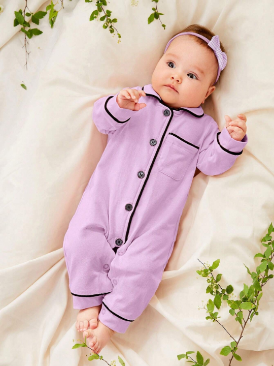 Cozy Cub Newborn Baby Girl Contrast Binding Button Front Lounge Jumpsuit