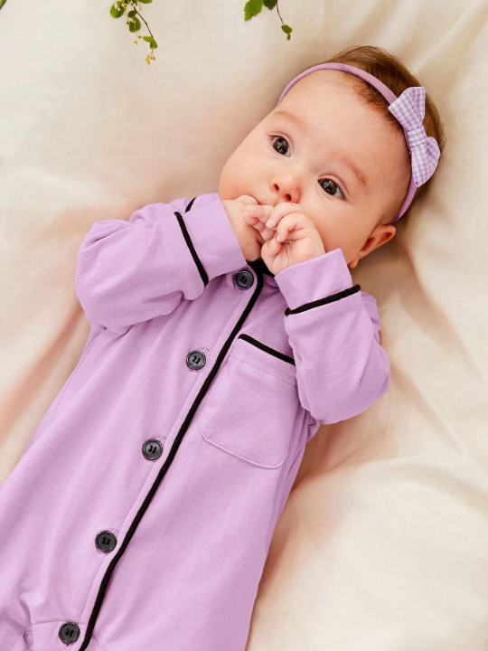 Cozy Cub Newborn Baby Girl Contrast Binding Button Front Lounge Jumpsuit