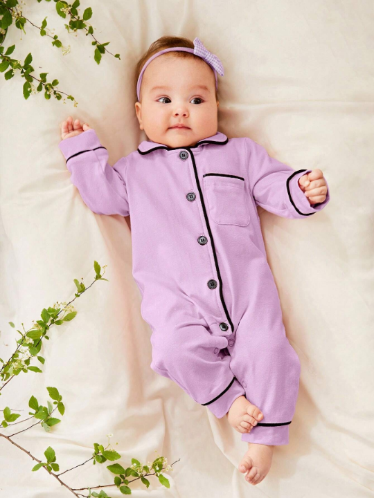 Cozy Cub Newborn Baby Girl Contrast Binding Button Front Lounge Jumpsuit