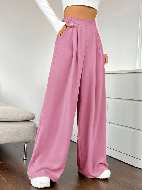 EZwear Solid Color Pleated Wide Leg Pants For Women