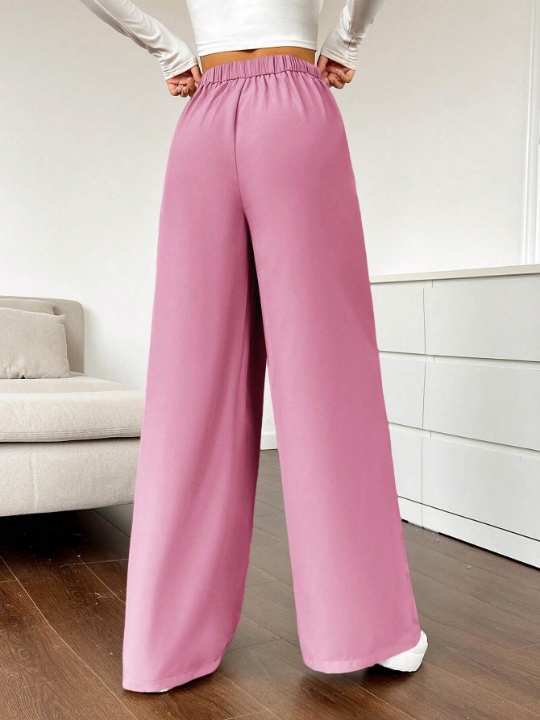 EZwear Solid Color Pleated Wide Leg Pants For Women