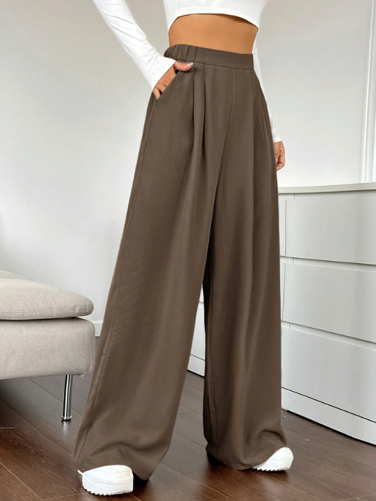 EZwear Ladies' Solid Color Pleated Wide Leg Pants