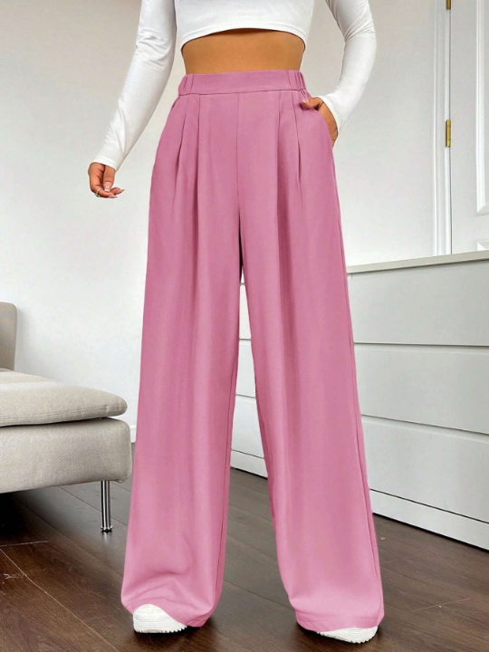 EZwear Solid Color Pleated Wide Leg Pants For Women