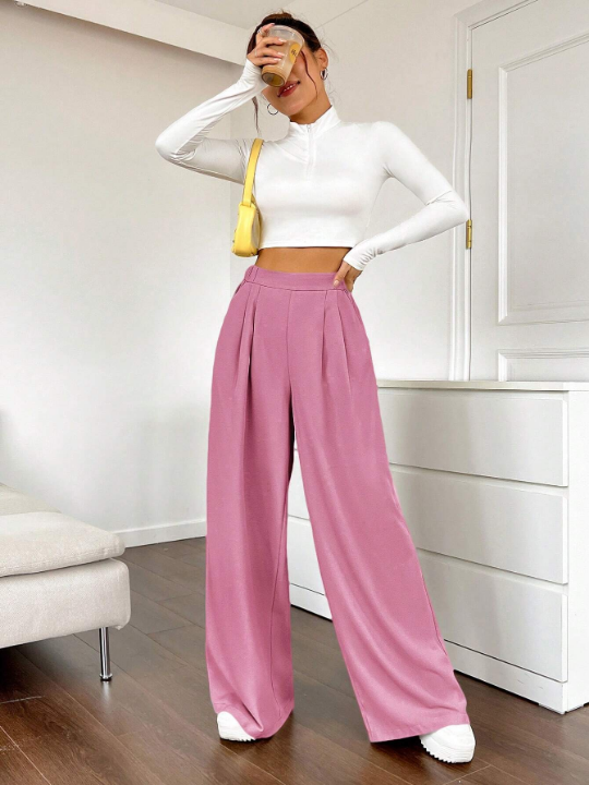 EZwear Solid Color Pleated Wide Leg Pants For Women