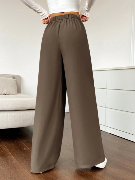 EZwear Ladies' Solid Color Pleated Wide Leg Pants