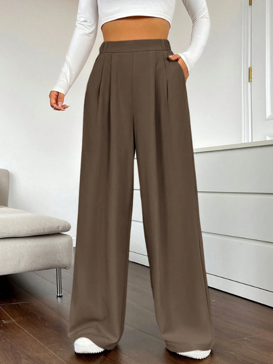 EZwear Ladies' Solid Color Pleated Wide Leg Pants