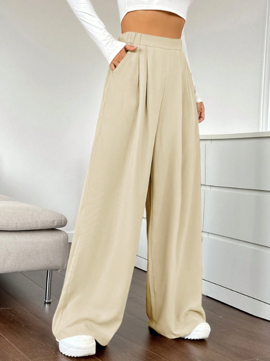 EZwear Women's Solid Color Pleated Wide Leg Pants