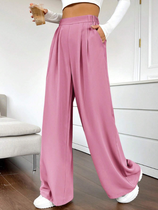 EZwear Solid Color Pleated Wide Leg Pants For Women