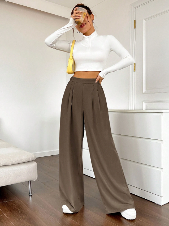 EZwear Ladies' Solid Color Pleated Wide Leg Pants