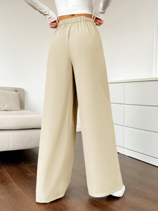 EZwear Women's Solid Color Pleated Wide Leg Pants