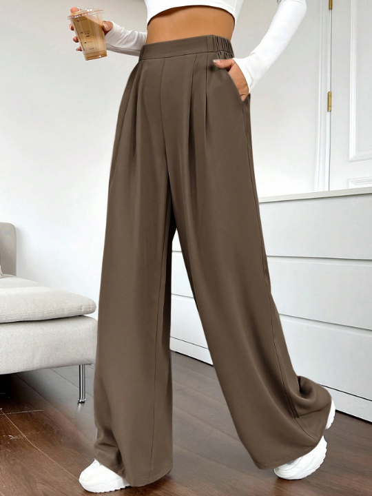 EZwear Ladies' Solid Color Pleated Wide Leg Pants