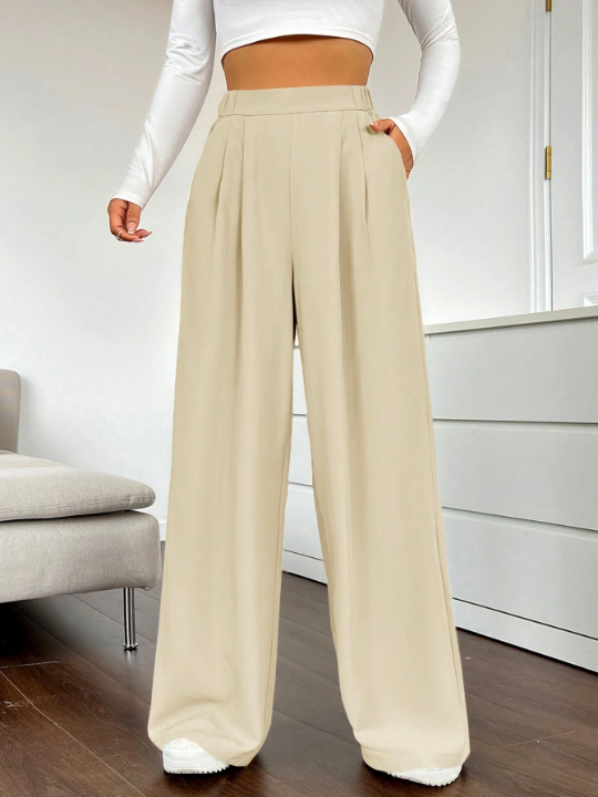 EZwear Women's Solid Color Pleated Wide Leg Pants