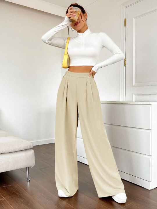 EZwear Women's Solid Color Pleated Wide Leg Pants