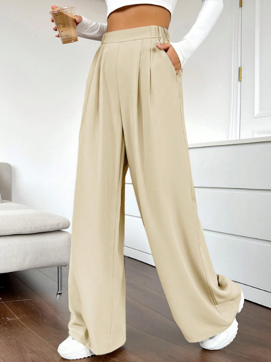 EZwear Women's Solid Color Pleated Wide Leg Pants