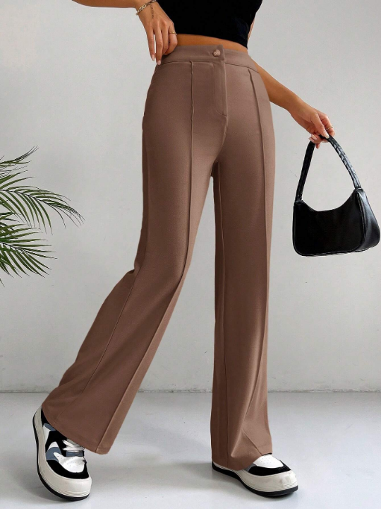 EZwear Solid Color Wide Leg Trousers For Casual, Daily Or Work Wear