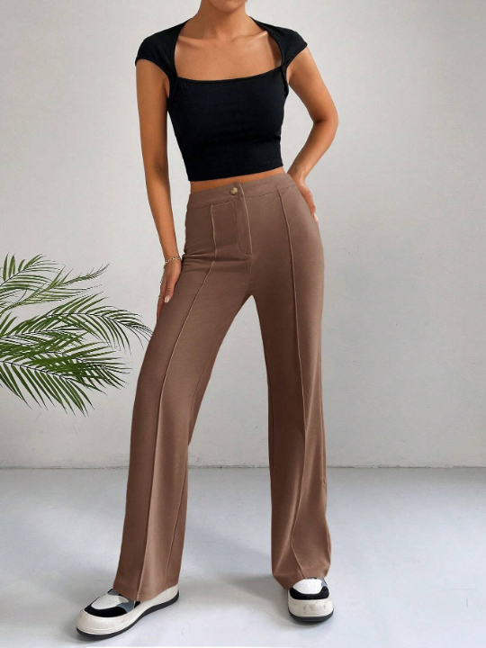 EZwear Solid Color Wide Leg Trousers For Casual, Daily Or Work Wear