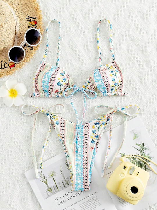 Paisley & Ditsy Floral Bikini Set Tie Front Bra & Thong Bottom 2 Piece Swimsuit