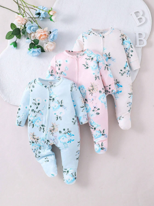 Baby Girl Floral Printed Footie Zip-Up Romper 3-Piece Set