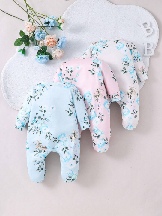 Baby Girl Floral Printed Footie Zip-Up Romper 3-Piece Set