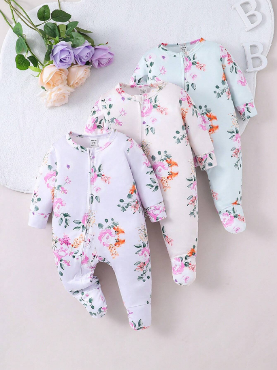 Baby Girl Flower Printed Footed Zippered 3-Piece Jumpsuit Set