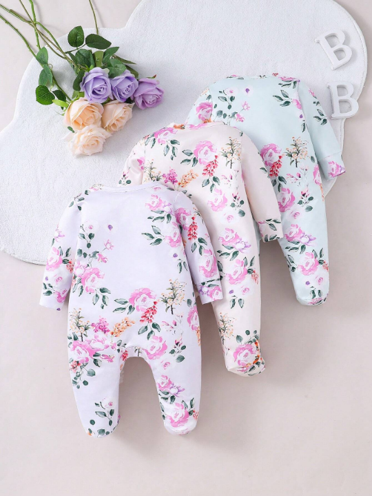 Baby Girl Flower Printed Footed Zippered 3-Piece Jumpsuit Set