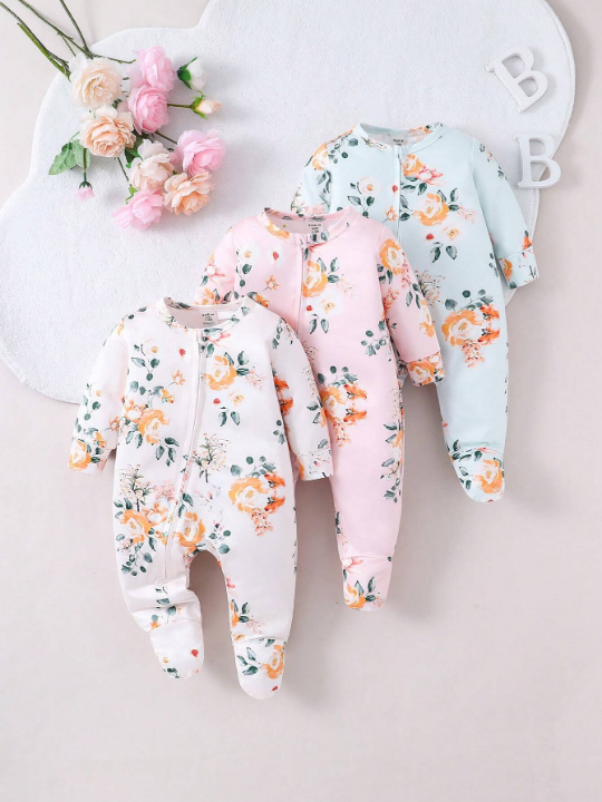 Baby Girl Floral Printed Footed Zipper Romper Bodysuit With Long Sleeve, 3pcs/Set