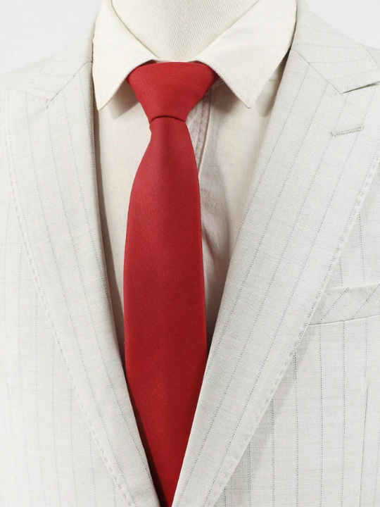 1pc Men's Fashionable Suit Fabric Diagonal Narrow Striped & Checked Red Necktie For Business