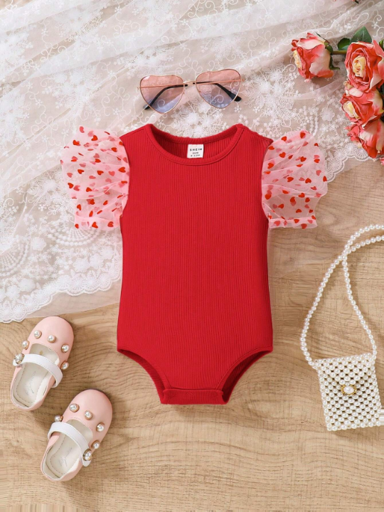 Baby Girl Casual Pink Knitted Splice Heart Design Mesh Open Crotch Bodysuit