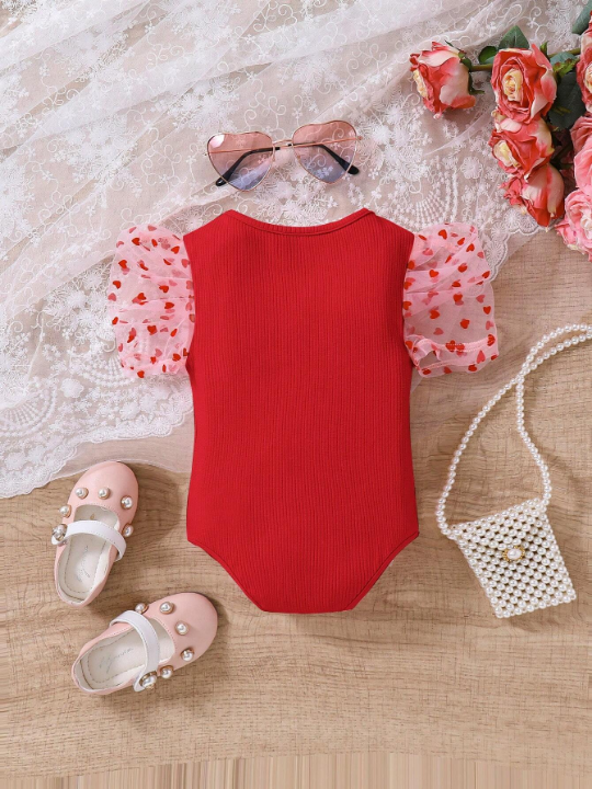 Baby Girl Casual Pink Knitted Splice Heart Design Mesh Open Crotch Bodysuit