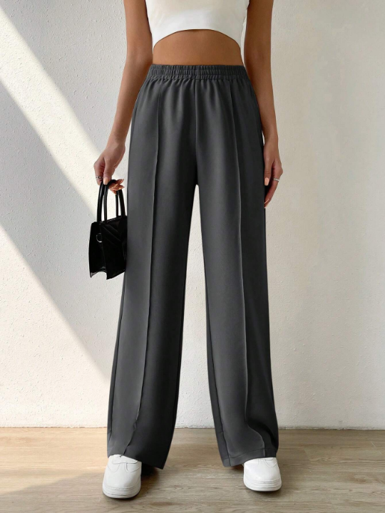 EZwear Elastic Waist Straight-Leg Pants With Seam Front