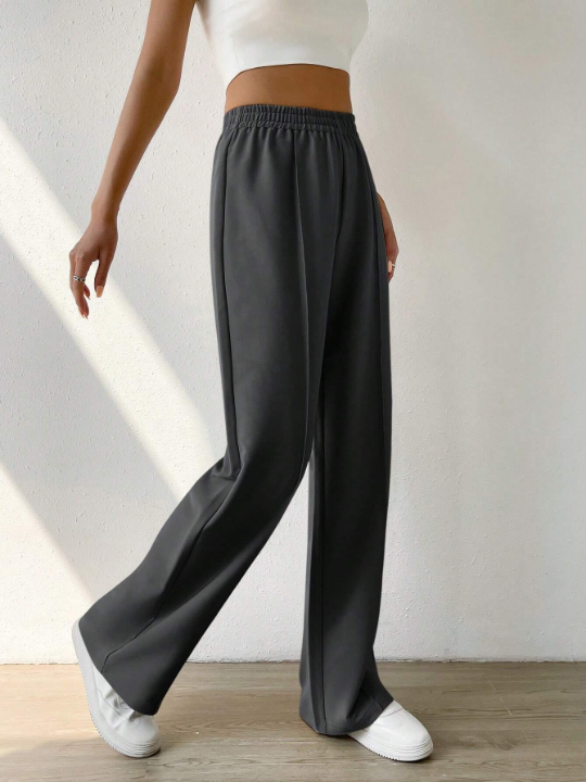 EZwear Elastic Waist Straight-Leg Pants With Seam Front