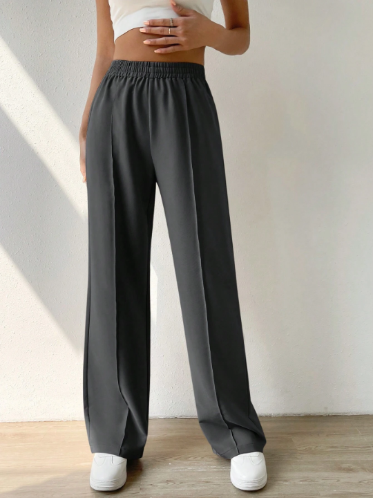 EZwear Elastic Waist Straight-Leg Pants With Seam Front