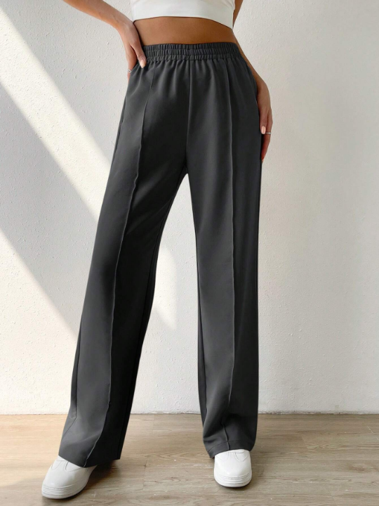 EZwear Elastic Waist Straight-Leg Pants With Seam Front